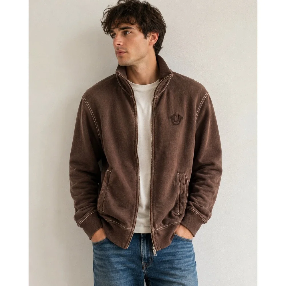 True Religion Mens XXL Brown Big T Stitch Full Zip Track Jacket‎ Sweatshirt Logo
